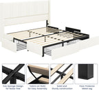 King Size Bed Frame with 4 Storage Drawers Linen Upholstered Platform Bed with Wingback Headboard, No Box Spring Needed, Easy Assembly, White
