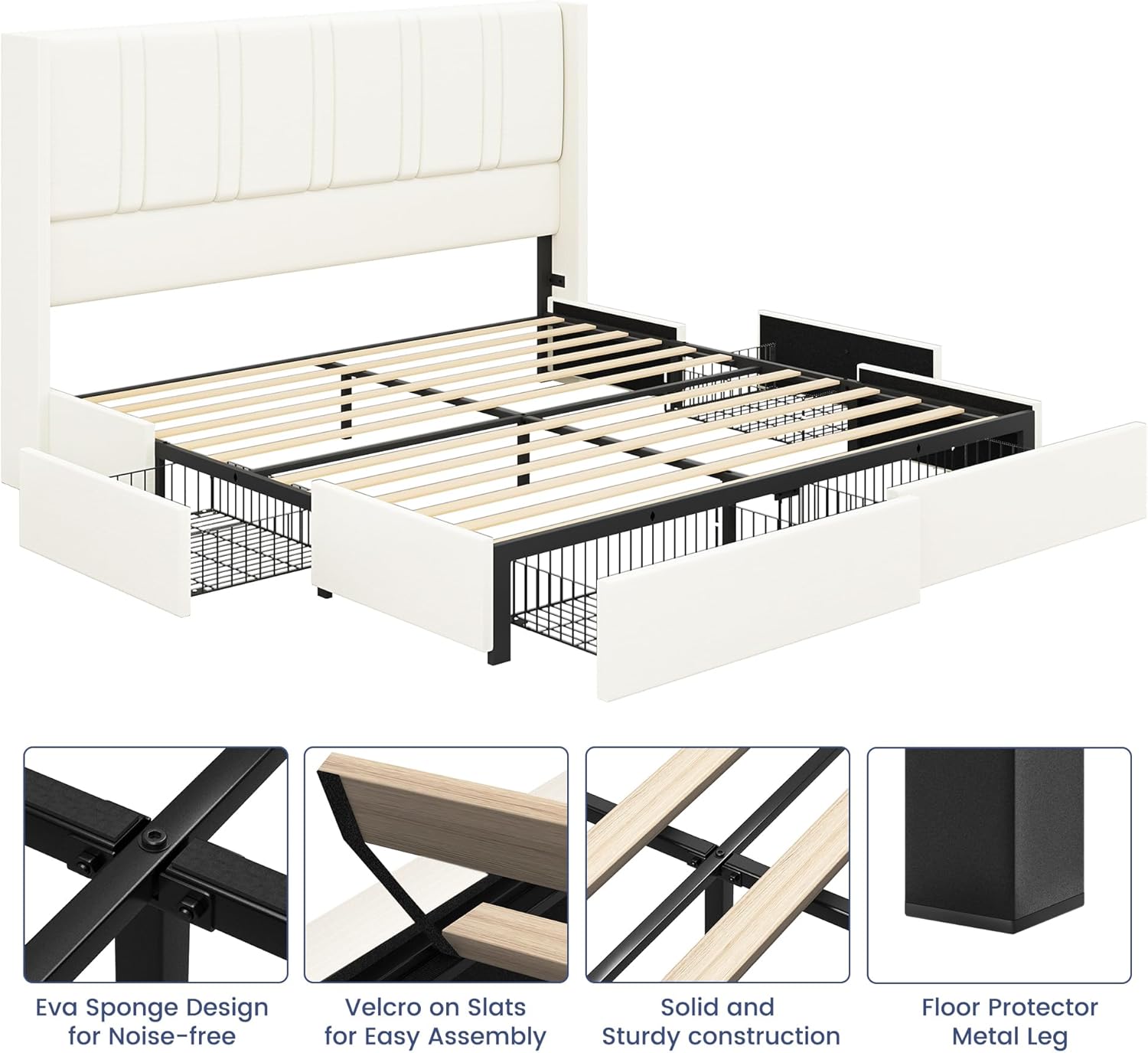 King Size Bed Frame with 4 Storage Drawers Linen Upholstered Platform Bed with Wingback Headboard, No Box Spring Needed, Easy Assembly, White