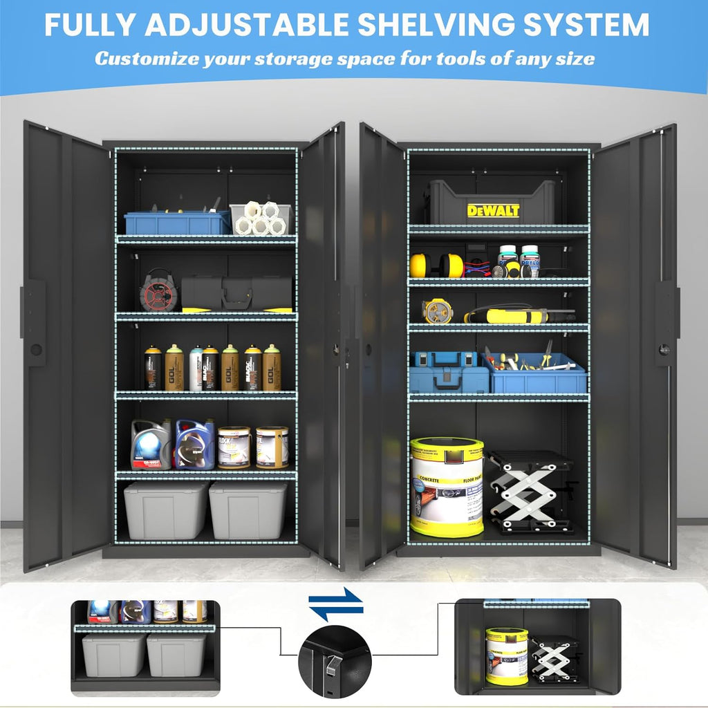 Metal Garage Storage Cabinet with Lock, 71" Tall Steel Storage Locker with 4 Adjustable Shelves, Heavy Duty Metal Cabinet for Garage, Office, Home, 31.5”W × 16.5”D, Black
