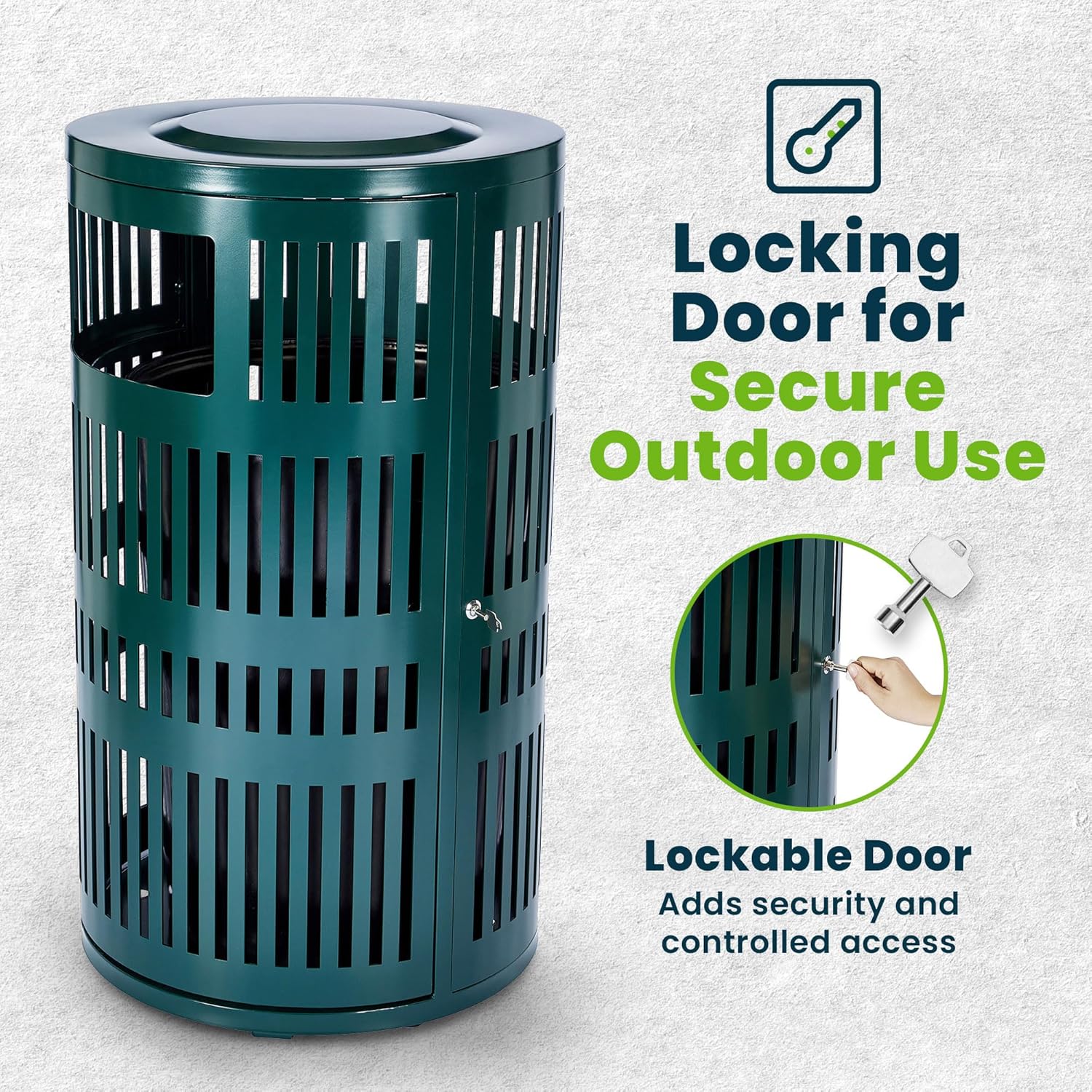 Alpine 40 Gallon Commercial Outdoor Trash Can with Lid, Weather Resistant, Locking Steel Waste Receptacle with Pull-Out Liner, Heavy Duty Galvanized Garbage Bin for Parks, Schools, City Streets- Green