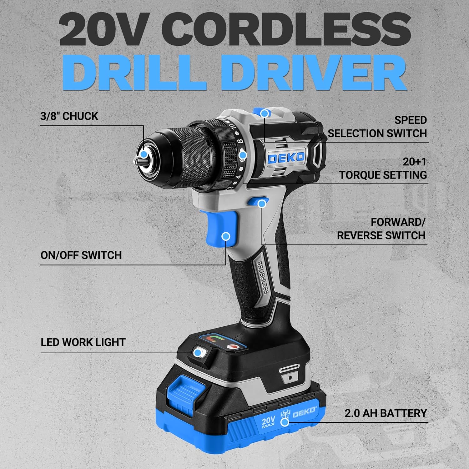 Cordless Drill & Impact Driver: DEKOPRO 20V Brushless Power Drill and 20V Brushless Impact Driver Set, Power Tool Set with 2 x 2.0Ah Batteries, Charger, Bag& 52 x Accessories-Blue