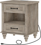 WAMPAT Farmhouse End Table Nightstand with Charging Station, Small Side Table with 2 Drawers & Shelf for Living Room, Light Wood Night Stand Bedside Table for Bedroom, Grey