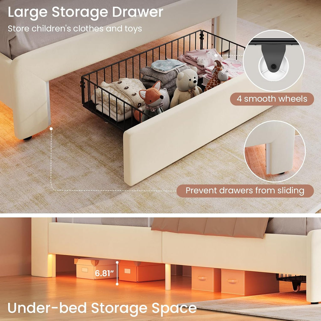 DICTAC Twin Size LED Bed Frame with Storage Drawer and Safety Guardrails, Velvet Upholstered Platform Bed for Kids with Chic Wavy Storage Headboard, Charging Station, Heavy Duty Metal Support, Beige