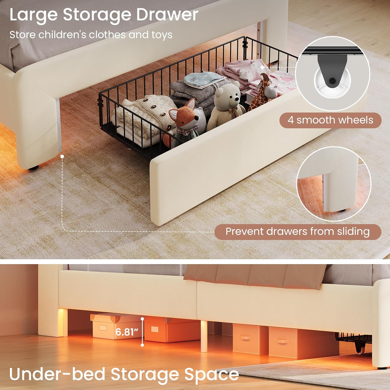 DICTAC Twin Size LED Bed Frame with Storage Drawer and Safety Guardrails, Velvet Upholstered Platform Bed for Kids with Chic Wavy Storage Headboard, Charging Station, Heavy Duty Metal Support, Beige