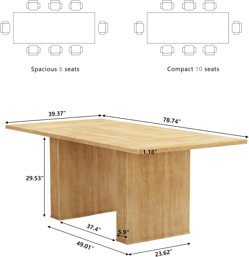 78 Inch Rectangular Dining Table for 6 to 10, Farmhouse Fluted Dining Kitchen Table, Modern Wood Long Dining Table for Kitchen Living Room, Natural
