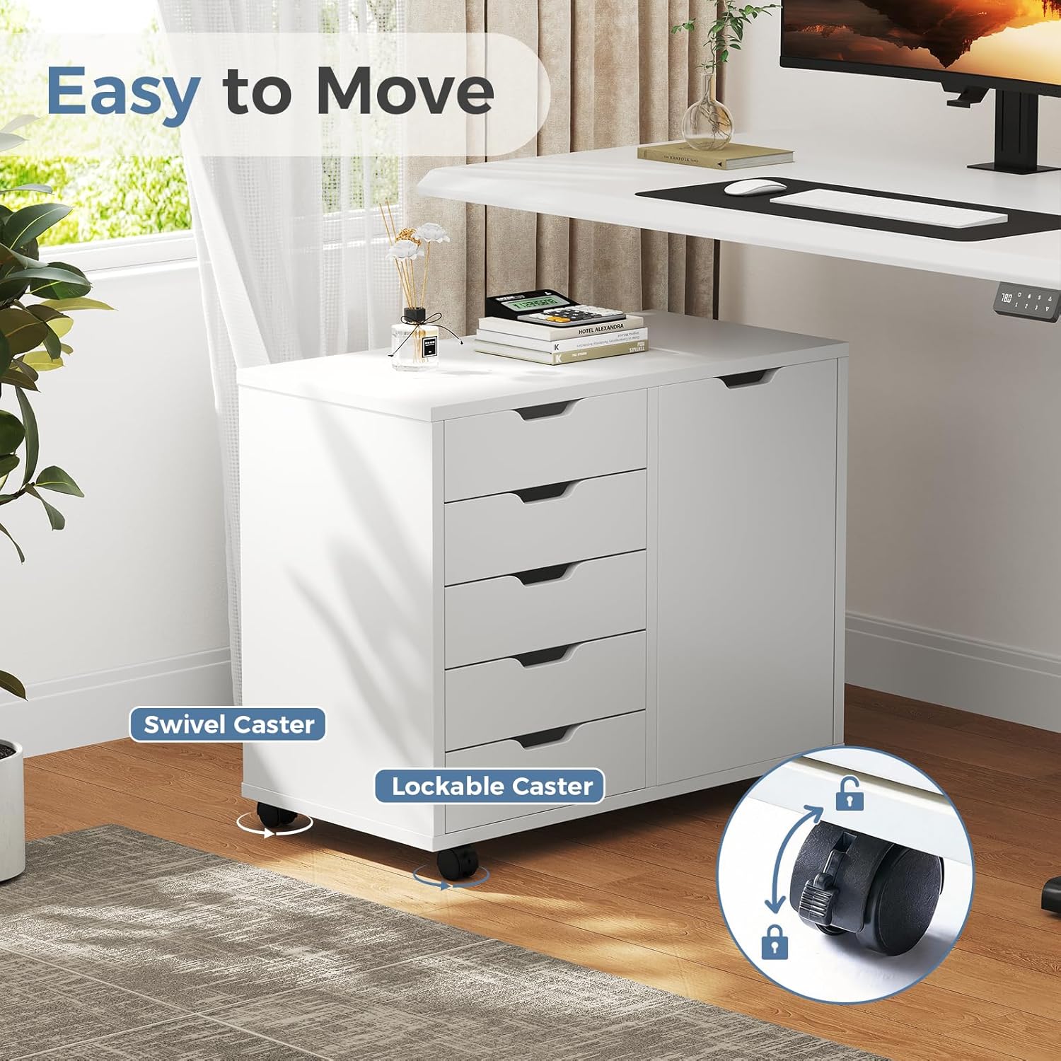 DUMOS 5 Drawer File Cabinet Office Drawers Organizer with Wheels Rolliing, Under Desk Cabinets with Shelves and Door Printer Stand with Wood Board Metal Frame for Home Office Storage Craft Room, White