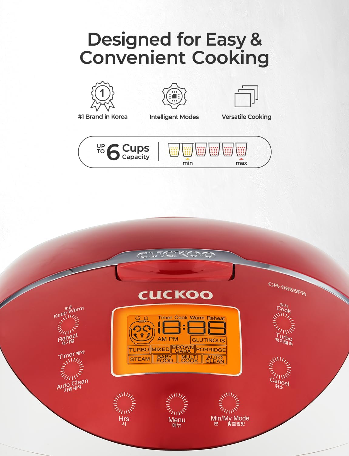 CUCKOO Micom Rice Cooker 6 Cup Uncooked / 12 Cup Cooked, Fuzzy Logic Rice Maker with Delay Timer & Keep Warm Setting, Versatile Food Steamer for Cooking, Non-Stick Inner Pot, Red (CR-0655F)