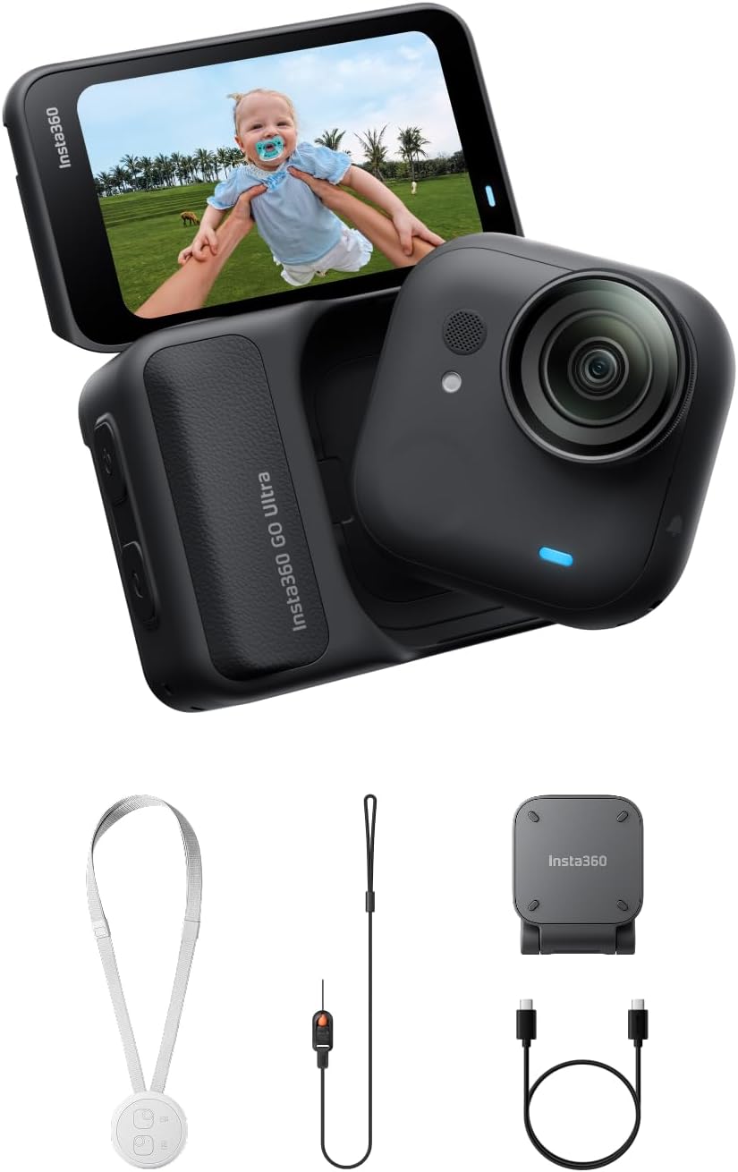 Insta360 GO Ultra - Small 4K Vlogging Camera  Hands-Free  POV Cam  1/1.28" Sensor  53g Lightweight  156° FOV  200 Min Battery Life  Magnetic Wearable Action Camera for Sports  Vlog .Midnight Black