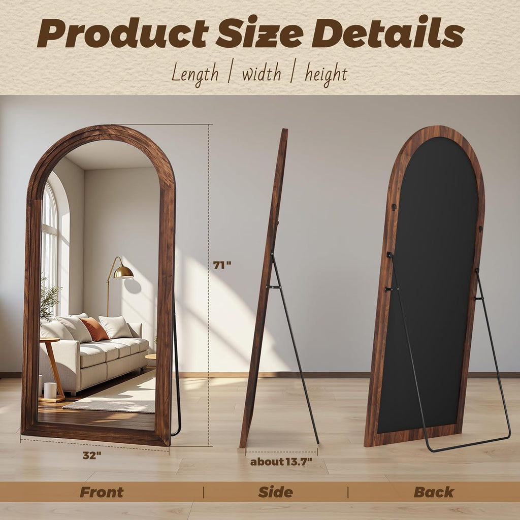 Antok Floor Mirror, Wood Full Length Mirror Wooden Full Body Mirror with Stand, Hanging Mounted for Living Room Cloakroom, 71"×32", Walnut, Arched Style