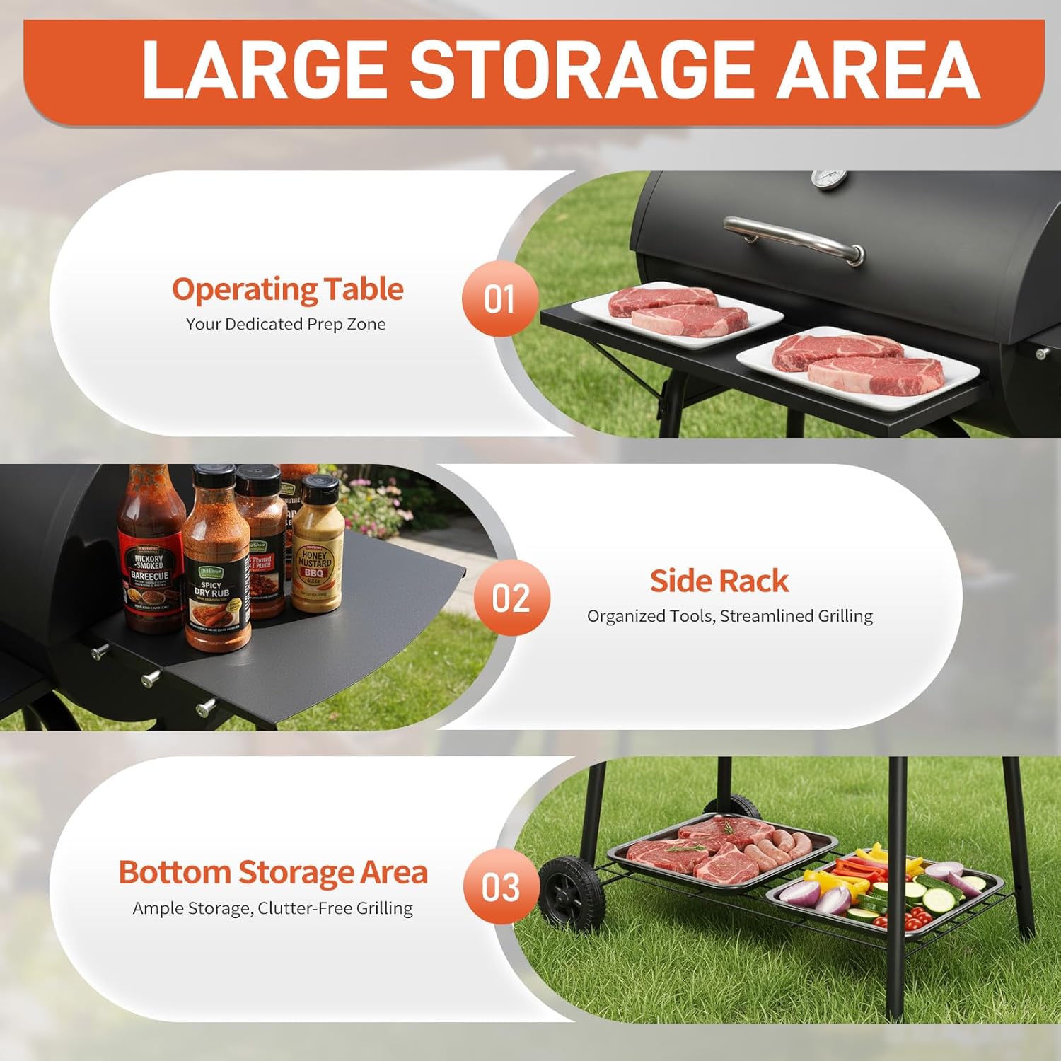 VINGLI Upgraded Barrel Charcoal Grill with Side Front Tables, Adjustable Charcoal Tray BBQ Grill Outdoor Smoker Grill with Wheels for Party Garden Patio and Backyard Cooking 39''D × 24''W × 46''H
