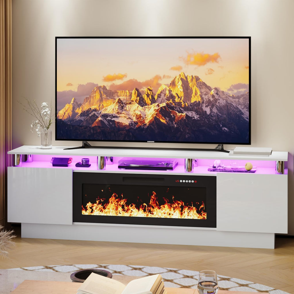 LEMBERI 70 Inches Fireplace TV Stand for TVs up to 80 Inches with 36'' Electric Fireplace & Remote, Modern Entertainment Center with Luxury LED Light,Woodeen TV Console for Living Room