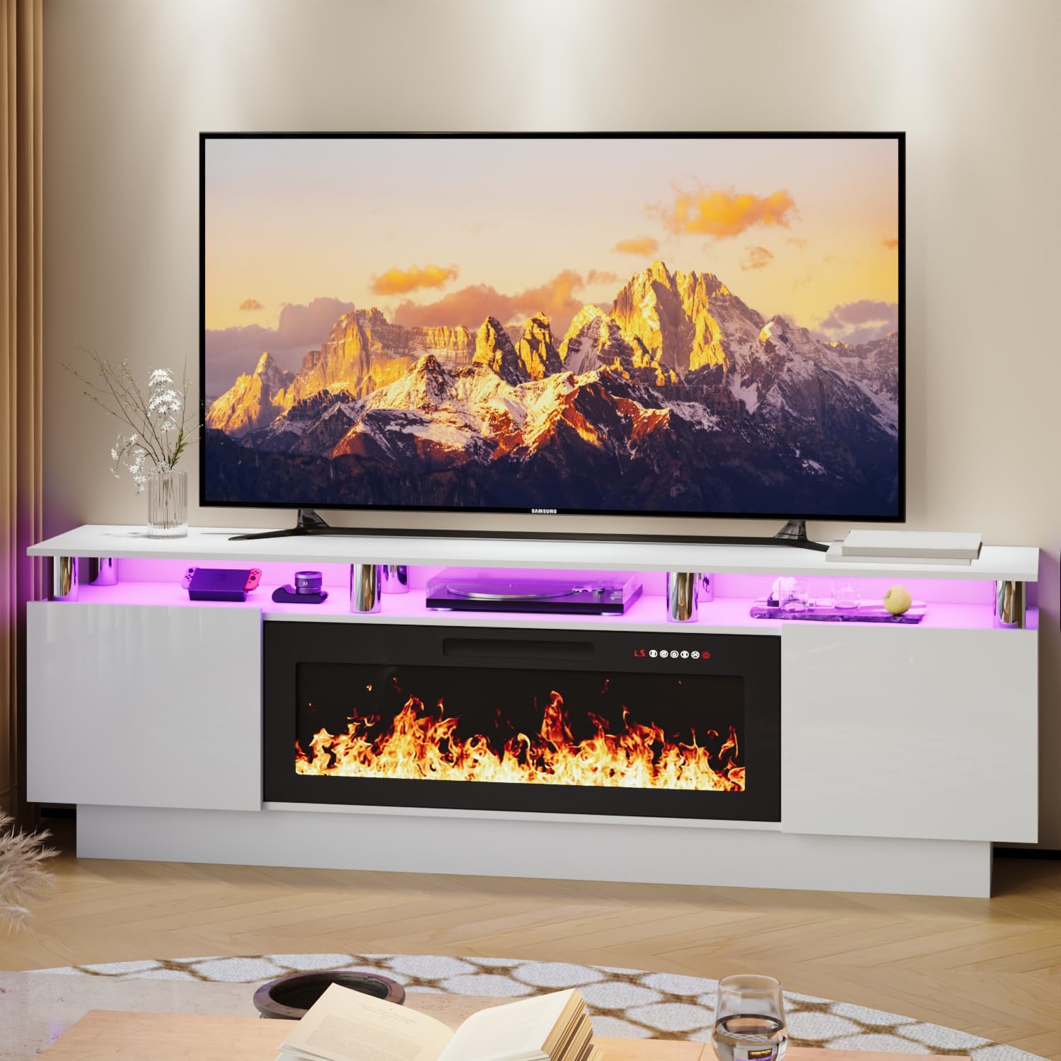 LEMBERI 70 Inches Fireplace TV Stand for TVs up to 80 Inches with 36'' Electric Fireplace & Remote, Modern Entertainment Center with Luxury LED Light,Woodeen TV Console for Living Room