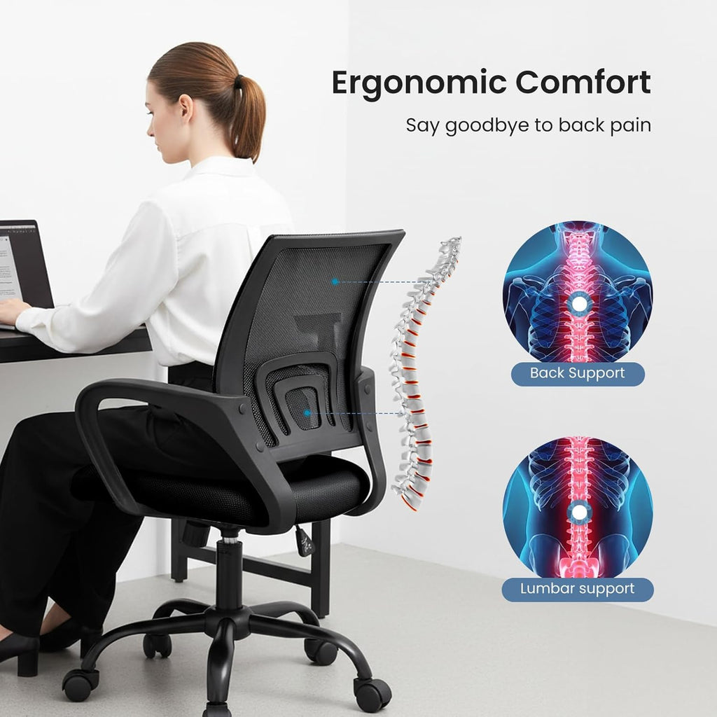 DUMOS Home Office Chair - Ergonomic Mid Back Mesh Desk Chair with Lumbar Support & Rocking Mode, Height Adjustable with Fixed Armrest, for Computer, Gaming, Meeting, 360° Swivel, Black