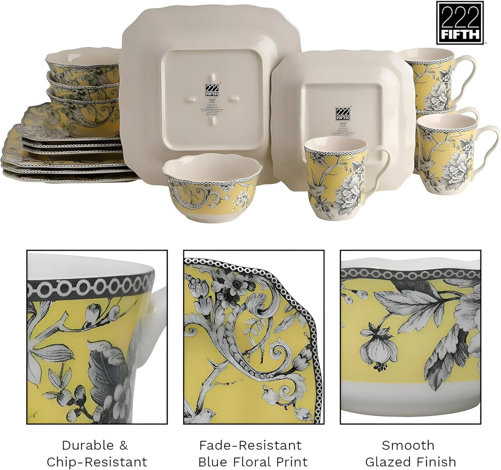 222 Fifth Adelaide Yellow 16-Piece Floral Porcelain Dinnerware Set | Microwave and Dishwasher Safe Dining Set for 4 | Stackable & Chip-Resistant Plates Bowls and Cups | Gift for Housewarming & Wedding