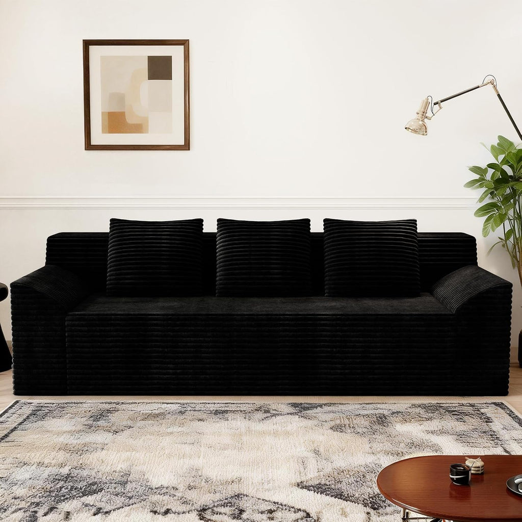 71" Corduroy Living Room Sofa, 3 Setaser Deep Seat Couch with 3 Lumbar Pillows, Comfy Boneless Sofa Modern Compressed Couch for Bedroom, Office, Apartment, No Assembly, Curved Armrests (Black)