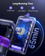 Cordless Vacuum Cleaner, 50KPa 600W Powerful Stick Vacuum for Home, 65Mins Runtime, 1.8L XL Dust Cup One-Touch Empty, Green LED Anti-Tangle Brush & Fragrance, for Pet Hair Carpet Hard Floor