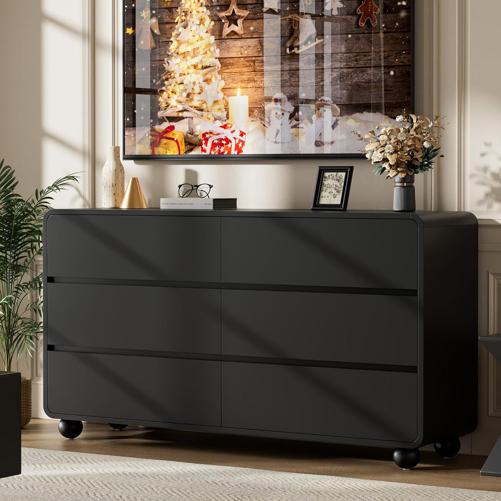 Lulive Wood Dresser for Bedroom, 53” Wide Chest of Drawers with 6 Drawers, Modern Closet Storage Drawer with Curved Profile Design for Living Room, Hallway, Entryway, Black