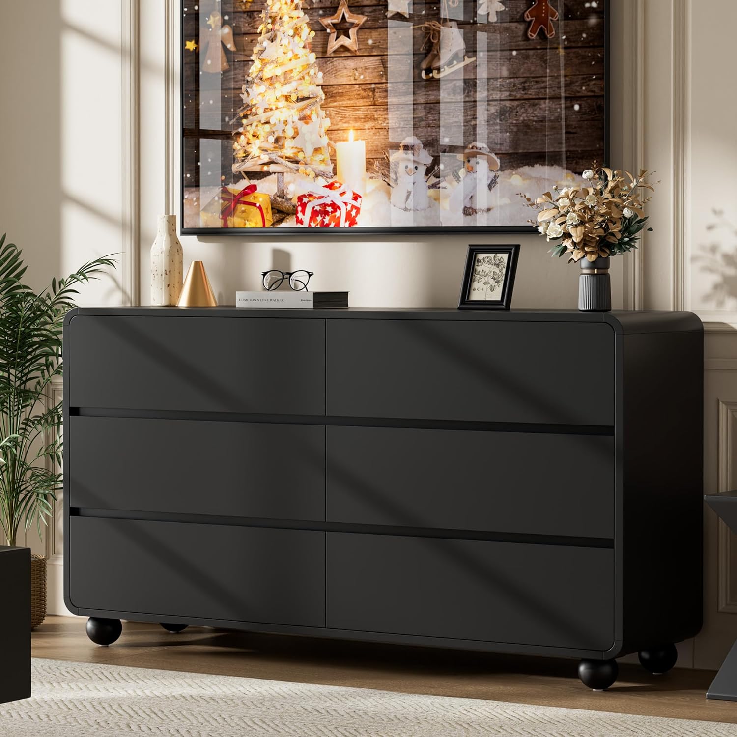 Lulive Wood Dresser for Bedroom, 53” Wide Chest of Drawers with 6 Drawers, Modern Closet Storage Drawer with Curved Profile Design for Living Room, Hallway, Entryway, Black