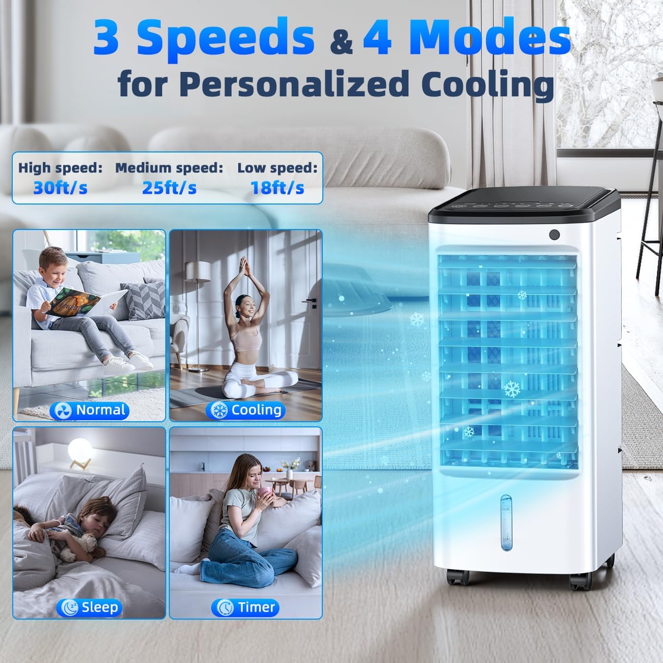 Windowless Portable Air Conditioners w/Dual Tank for 24H Cooling 600Sq.ft, 6 Ice Packs, 4 Modes&3 Speeds Swamp Cooler, 12H Timer 26Ft Remote, 120°Swing Evaporative Air Cooler for Room Bedroom