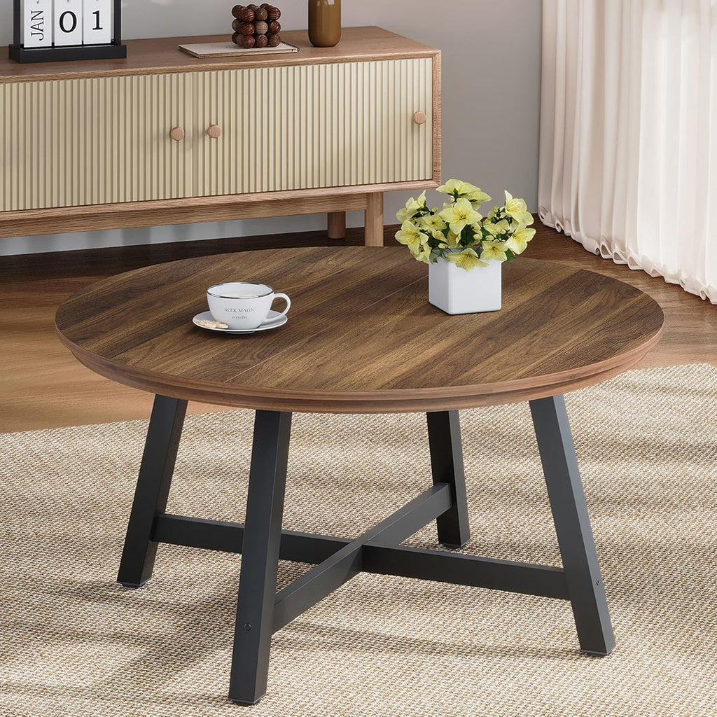 GarveeHome Round Coffee Table 36" Center Table,Large Coffee Table Industrial Accent Tables with Adjustable Feet, Living Room Tables with Thickened Legs and Designed Wood Grain, Easy Assemble