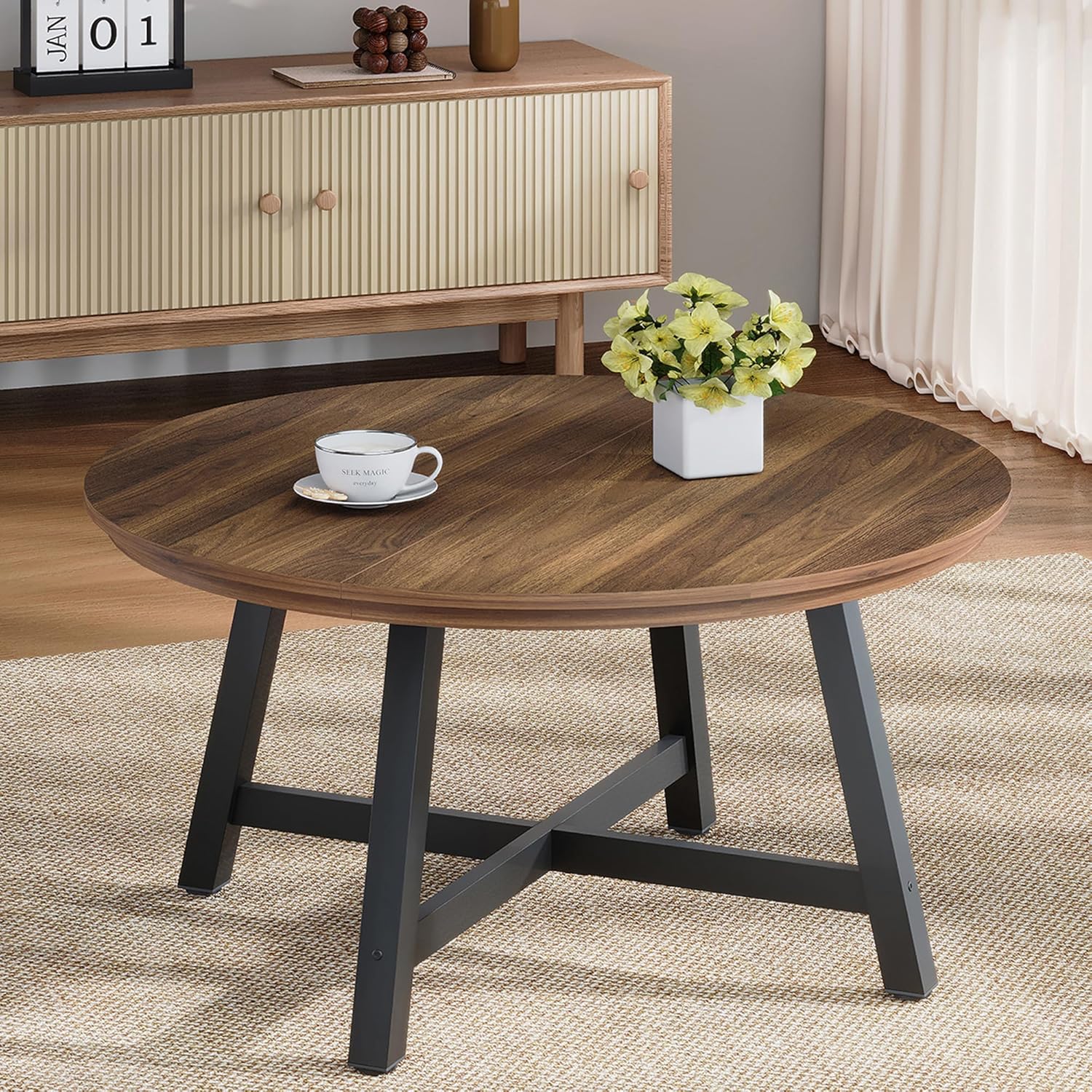 GarveeHome Round Coffee Table 36" Center Table,Large Coffee Table Industrial Accent Tables with Adjustable Feet, Living Room Tables with Thickened Legs and Designed Wood Grain, Easy Assemble