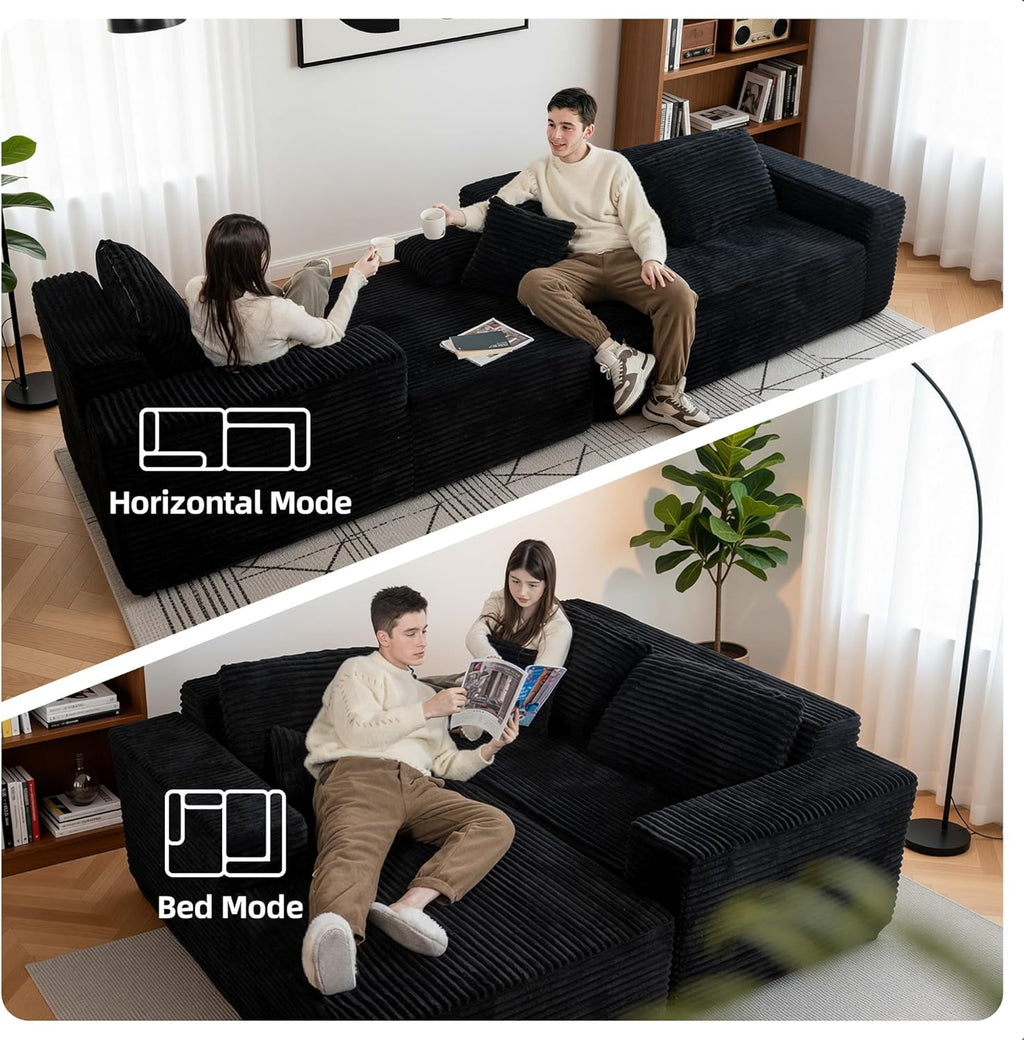 Claiks 110" Boneless Couch, Cloud Couch Sectional, L-Shape Corduroy Modular Sectional Sofa Deep Seat, Upholstered Couches for Living Room, No Assembly Required, Black, Left Facing Chaise