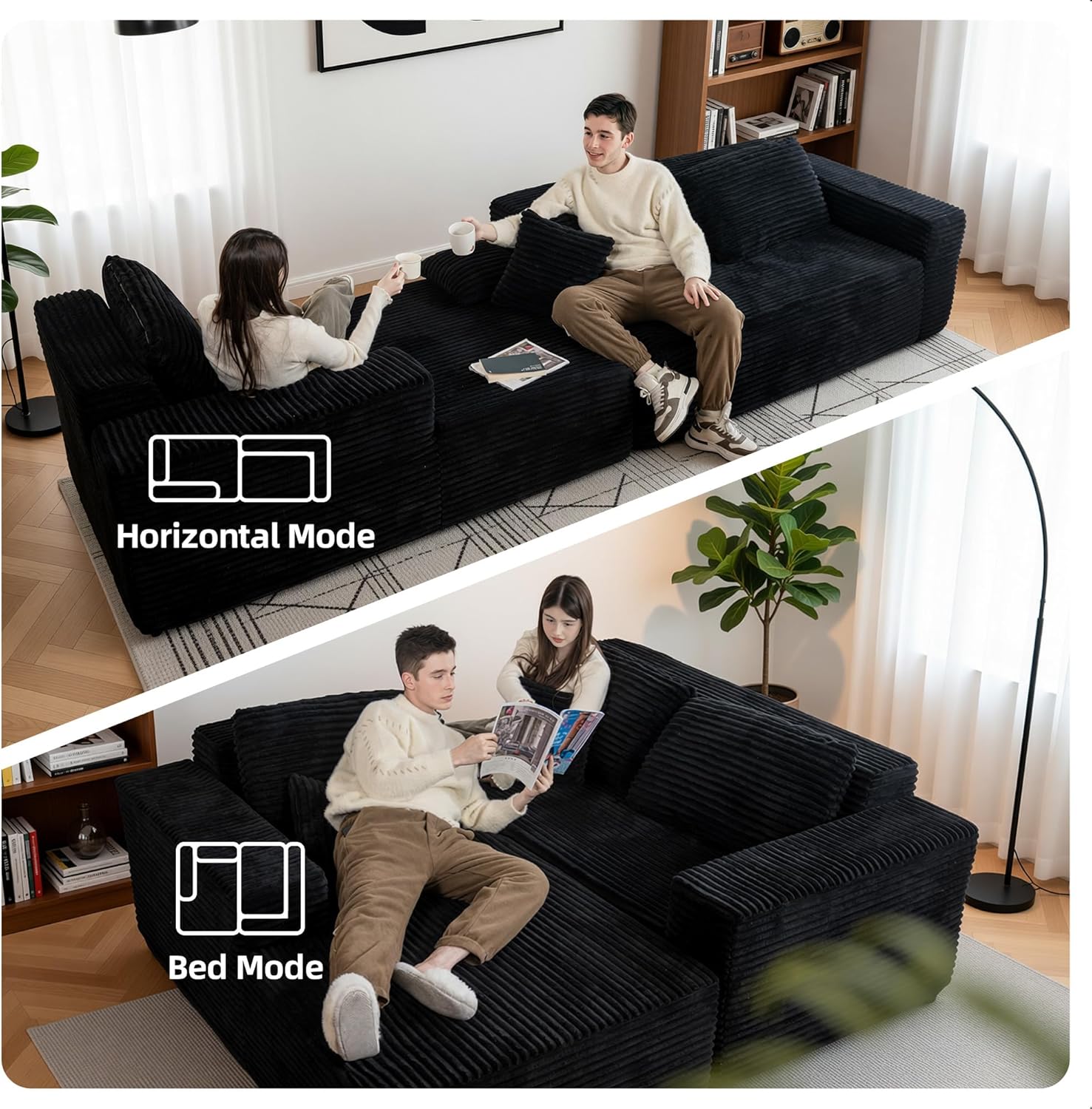 Claiks 110" Boneless Couch, Cloud Couch Sectional, L-Shape Corduroy Modular Sectional Sofa Deep Seat, Upholstered Couches for Living Room, No Assembly Required, Black, Left Facing Chaise