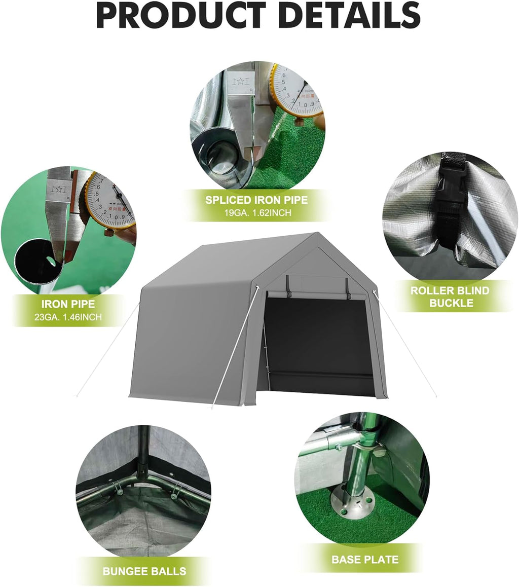 GarveeHome 6 x 6 Ft Carport Storage Shed, Portable Garage with Roll-Up Zipper Door, Heavy Duty Waterproof Tarp, Storage for Motorcycle, Bike, Firewood, Garden Tools, Grey
