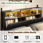 King Bed Frame with 3-Tier Storage Headboard, LED & Charging Station Metal Platform Bed with 4 Storage Drawers, Hidden Areas, Noise-Free/No Box Spring Needed/Metal Support,Rustic Grey