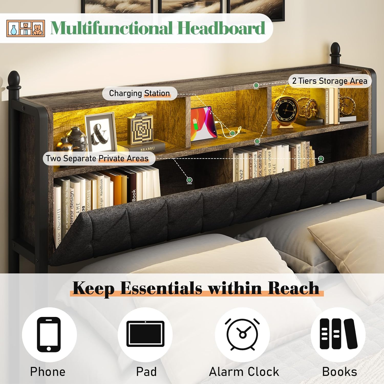 King Bed Frame with 3-Tier Storage Headboard, LED & Charging Station Metal Platform Bed with 4 Storage Drawers, Hidden Areas, Noise-Free/No Box Spring Needed/Metal Support,Rustic Grey