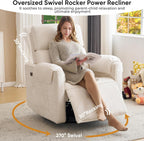 Oversized Power Recliner Chair, 26" Extra Wide Swivel Rocker Recliner with Adjustable Headrest, Chenille Glider Rocking Nursery Chair with Overstuffed Armrest, USB Ports, Cream