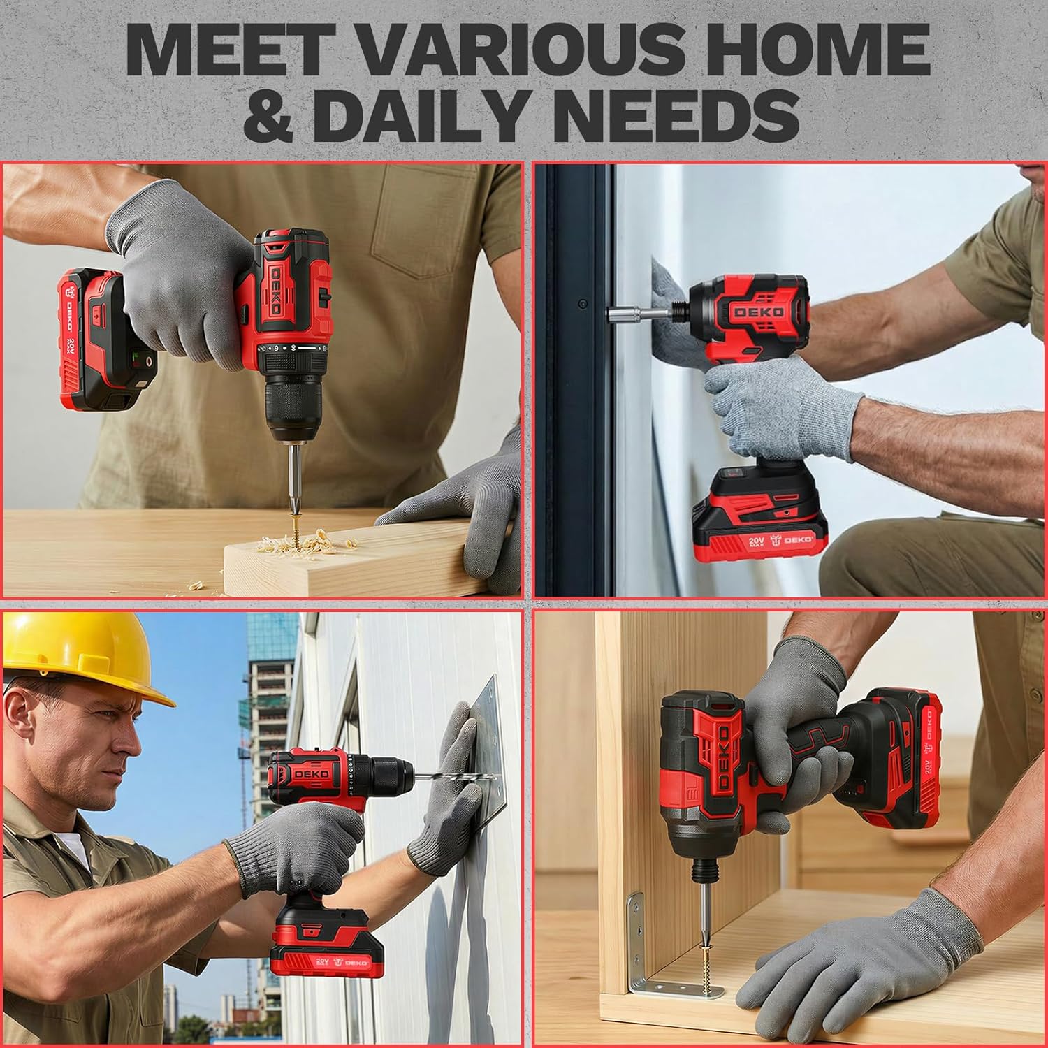 Cordless Drill & Impact Driver: DEKOPRO 20V Brushless Power Drill and 20V Brushless Impact Driver Set, Power Tool Set with 2x2.0Ah Batteries, Charger, Bag & 52xAccessories-Red