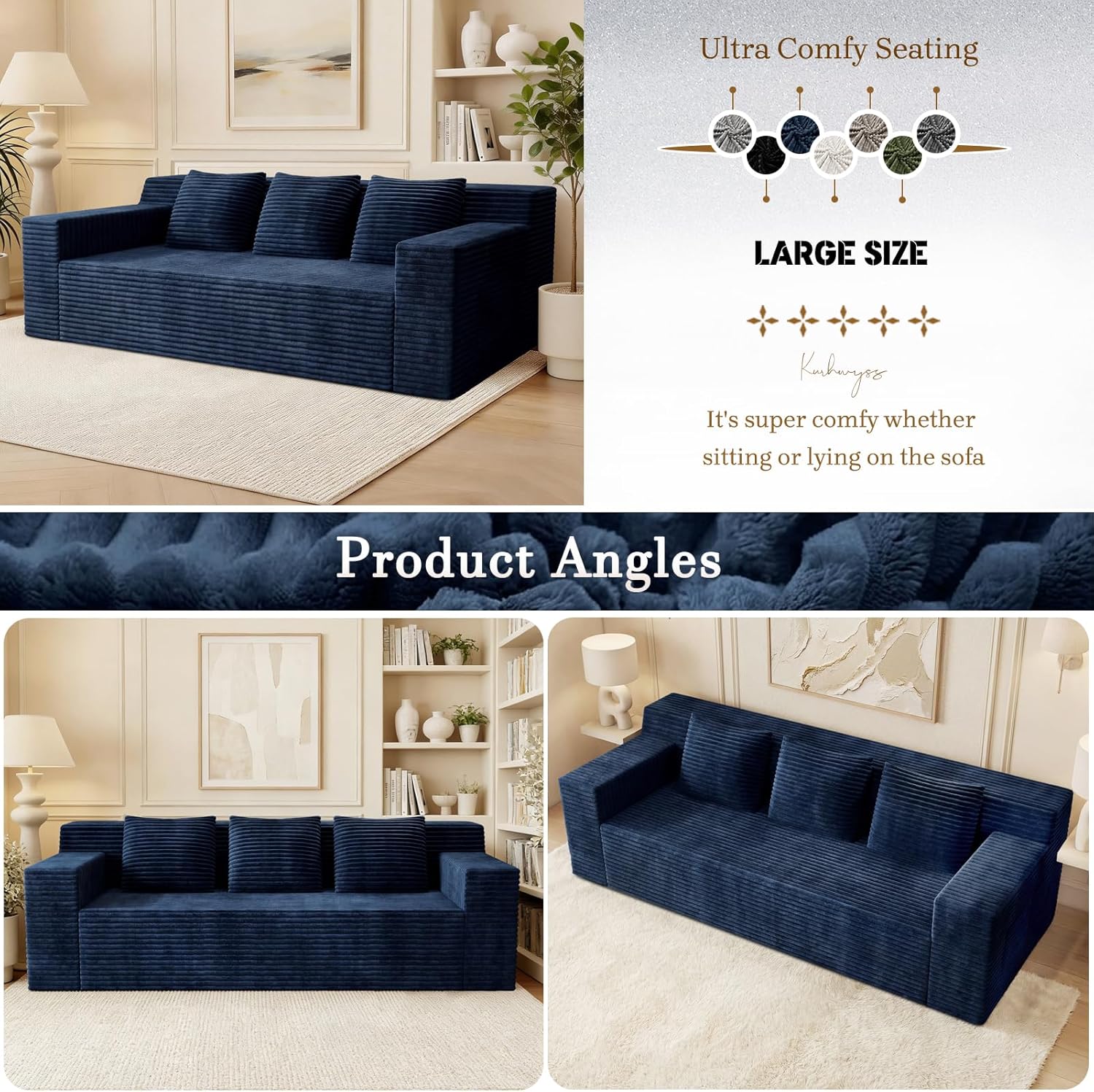 Kurhwyss 71" Corduroy Living Room Sofa, 3 Setaser Deep Seat Couch with 3 Lumbar Pillows, Comfy Boneless Sofa Modern Compressed Couch for Bedroom, Office, Apartment, No Assembly, Flat Armrests (Blue)