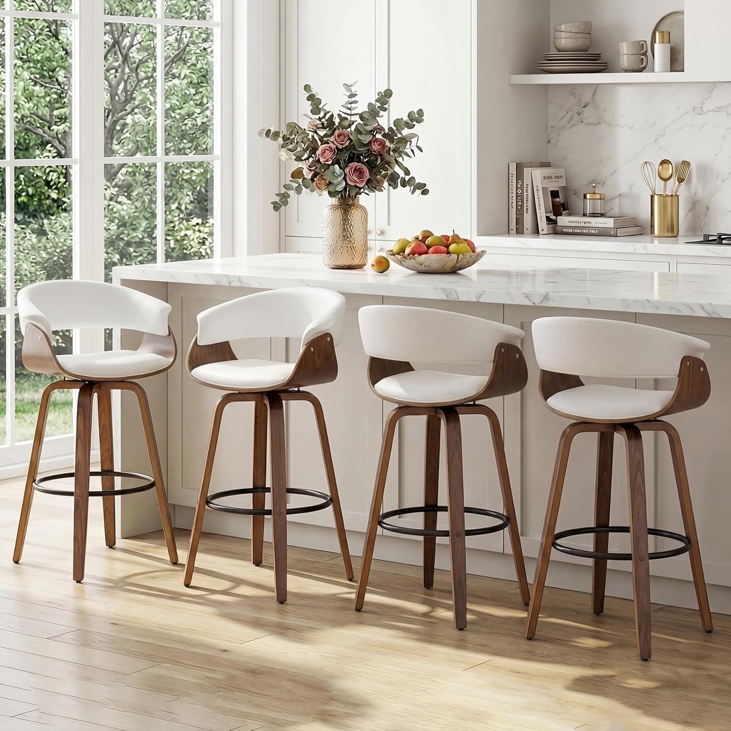 26 Inch Counter Height Bar Stools Set of 2, Mid Century Modern Counter Stool with Bentwood Frame Upholstered Seat for Kitchen Island/Counter, Cold White