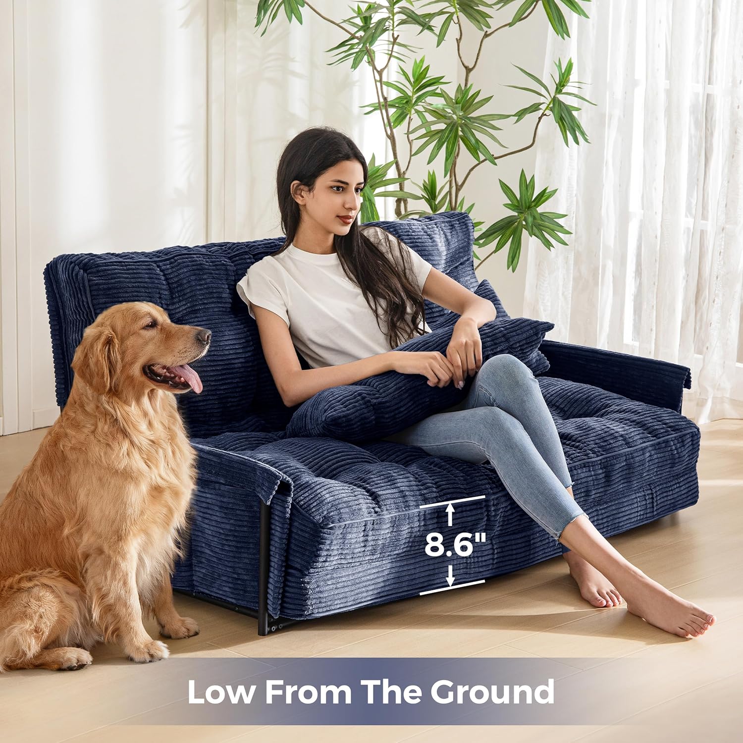 MAXYOYO Adjustable Floor Sofa Couch with 2 Pillows, Multi-Functional Bean Bag Bed, 5-Position Foldable Lazy Sofa Sleeper Bed with Armrest, Versatile Floor Seating for Reading, Navy, Double