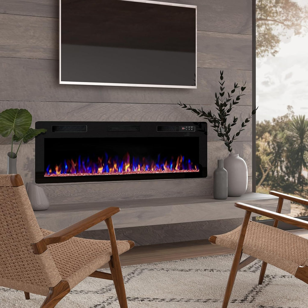BOSSIN 60 inch Ultra-Thin Silence Linear Electric Fireplace, Recessed Wall Mounted Fireplace, Fit for 2 x 4 and 2 x 6 Stud, 12 Adjustable Flame Color & Speed,Touch Screen Remote Control with 8h Timer