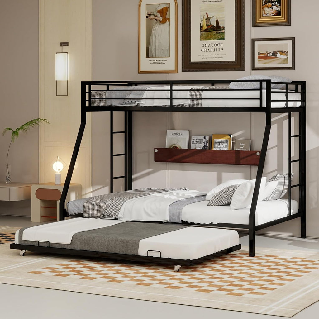 Twin XL Over Queen Bunk Bed with Trundle, Heavy Duty Metal Bunk Bed Frame with 2 Ladders and Full-Length Guardrail, Space-Saving Bunk Beds for Kids Teens Adults, No Box Spring Needed, Black