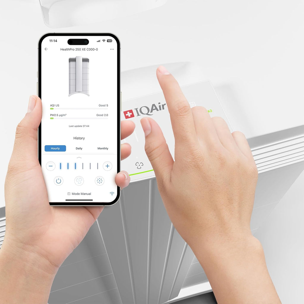 IQAir HealthPro Air Purifier - Smart HyperHEPA Filtration for Large Rooms up to 1125 sq ft - Smoke, Viruses, Allergens, Asthma, Mold, Dust, Pets, Swiss Made, Wifi App Control (Large Room - Plus XE)