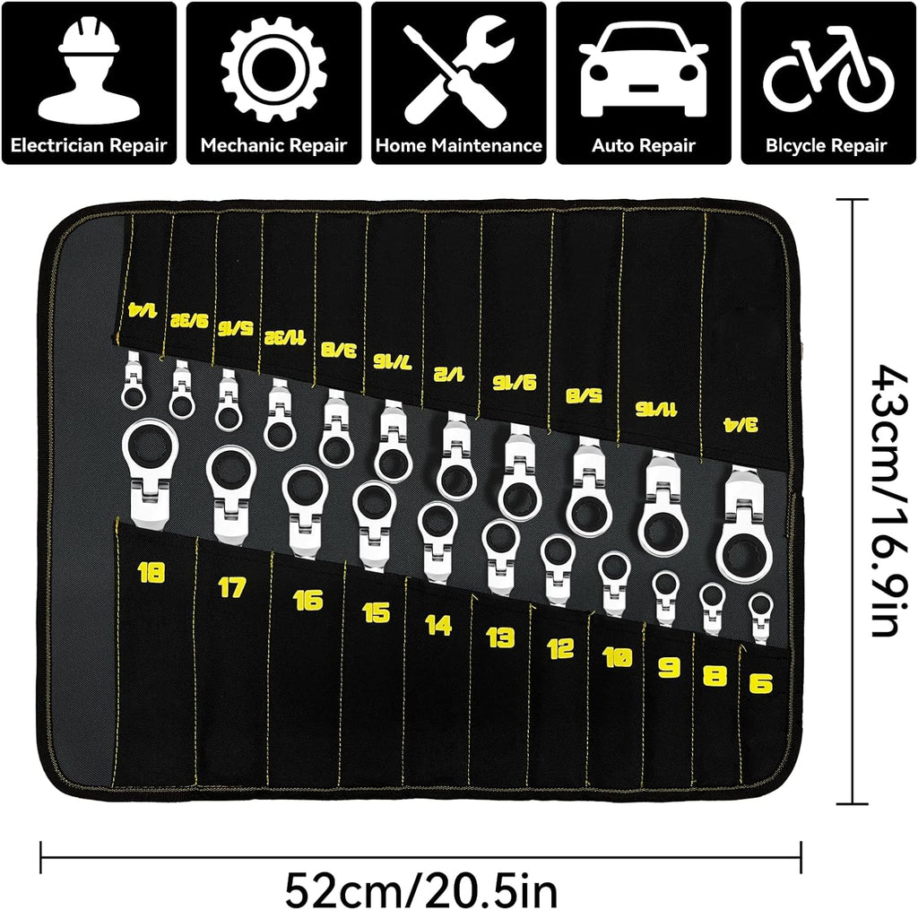 GRENPRO Ratchet Wrenches Set, 23PC Flex Head Ratcheting Wrench Set Metric and Standard & SAE, 6-18mm & 1/4" to 3/4" with Color Ring, CRV Open End Tool Organizer Pouch, Combination Ratchet Wrench Sets