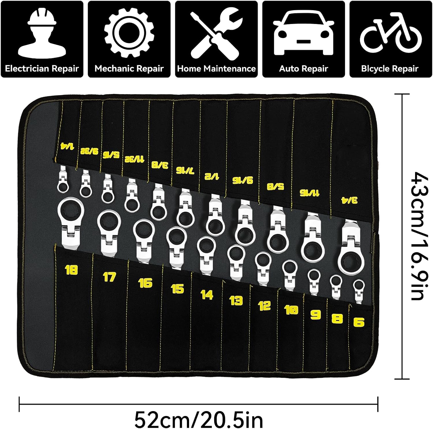 GRENPRO Ratchet Wrenches Set, 23PC Flex Head Ratcheting Wrench Set Metric and Standard & SAE, 6-18mm & 1/4" to 3/4" with Color Ring, CRV Open End Tool Organizer Pouch, Combination Ratchet Wrench Sets