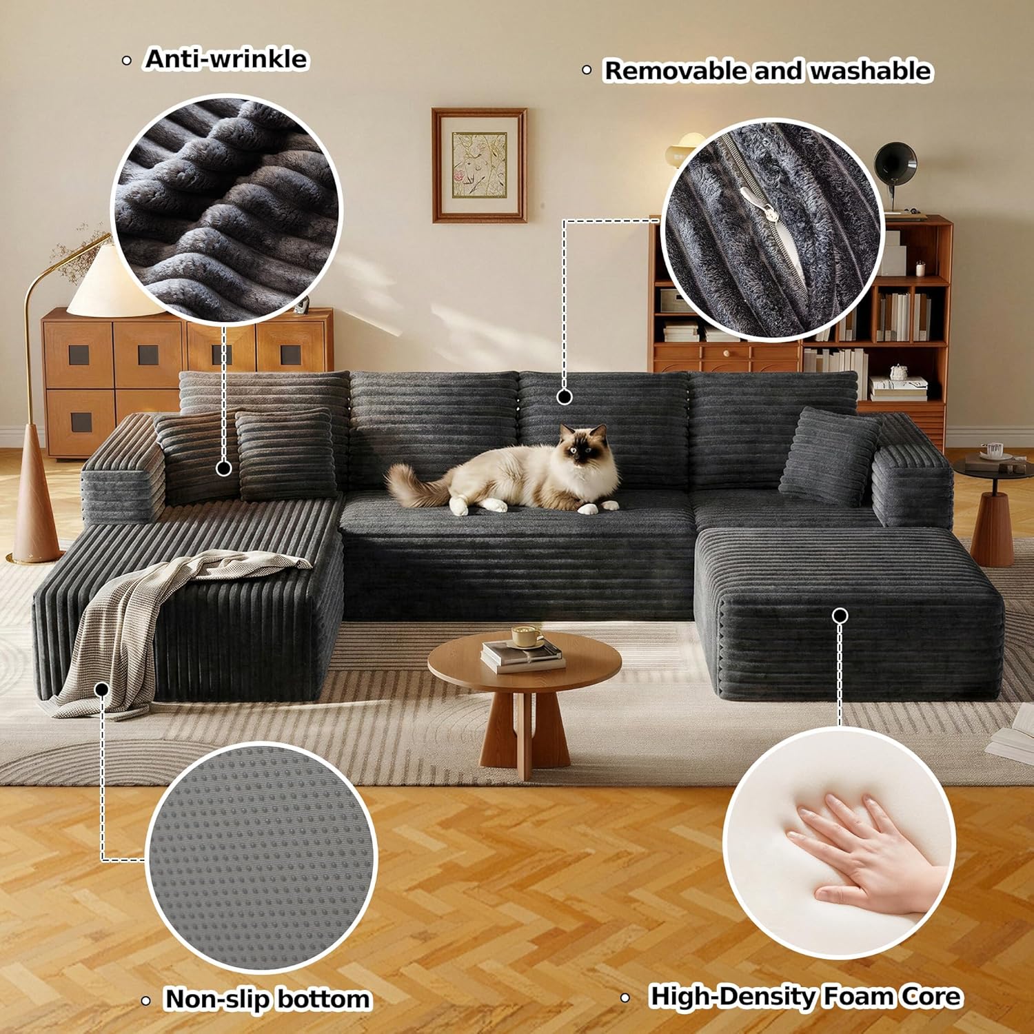 134.6" Modular Sectional Sofa with Deep Seat, Boneless U Shaped Corduroy Couch Modern Comfort, Cloud Couch Oversized for Living Room No Assembly (Gray)