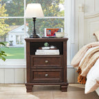 Farmhouse Nightstand Set of 2 with Charging Station, Rustic Brown Nightstand, 2 Drawers End Table, Bedside Table with Open Shelf for Bedroom, Walnut