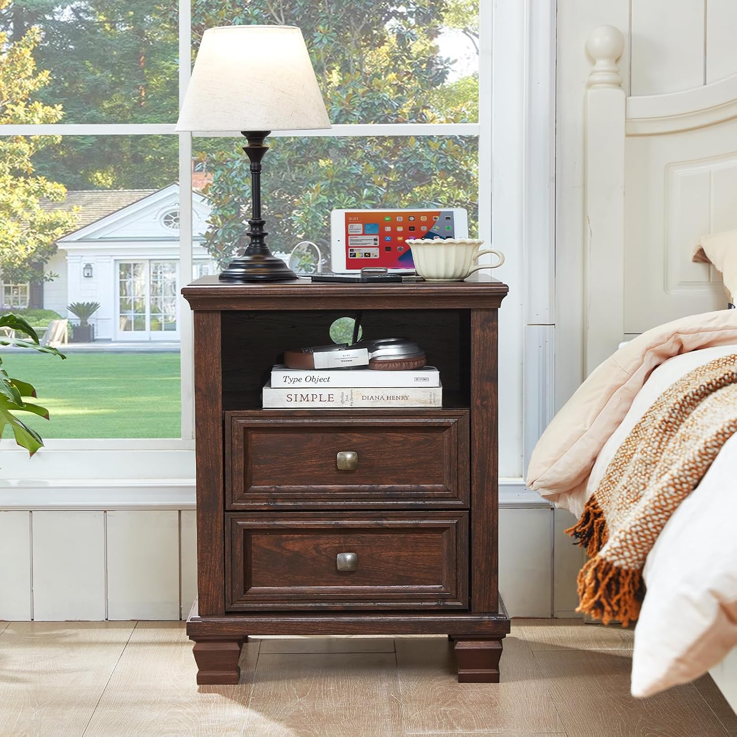 Farmhouse Nightstand Set of 2 with Charging Station, Rustic Brown Nightstand, 2 Drawers End Table, Bedside Table with Open Shelf for Bedroom, Walnut