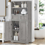 Iwell Storage Cabinet with 2 Drawers & Adjustable Shelf, Tall Bathroom Cabinet with Doors, Cupboard, Kitchen Cabinets for Living Room, Dining Room, Entryway, Grey