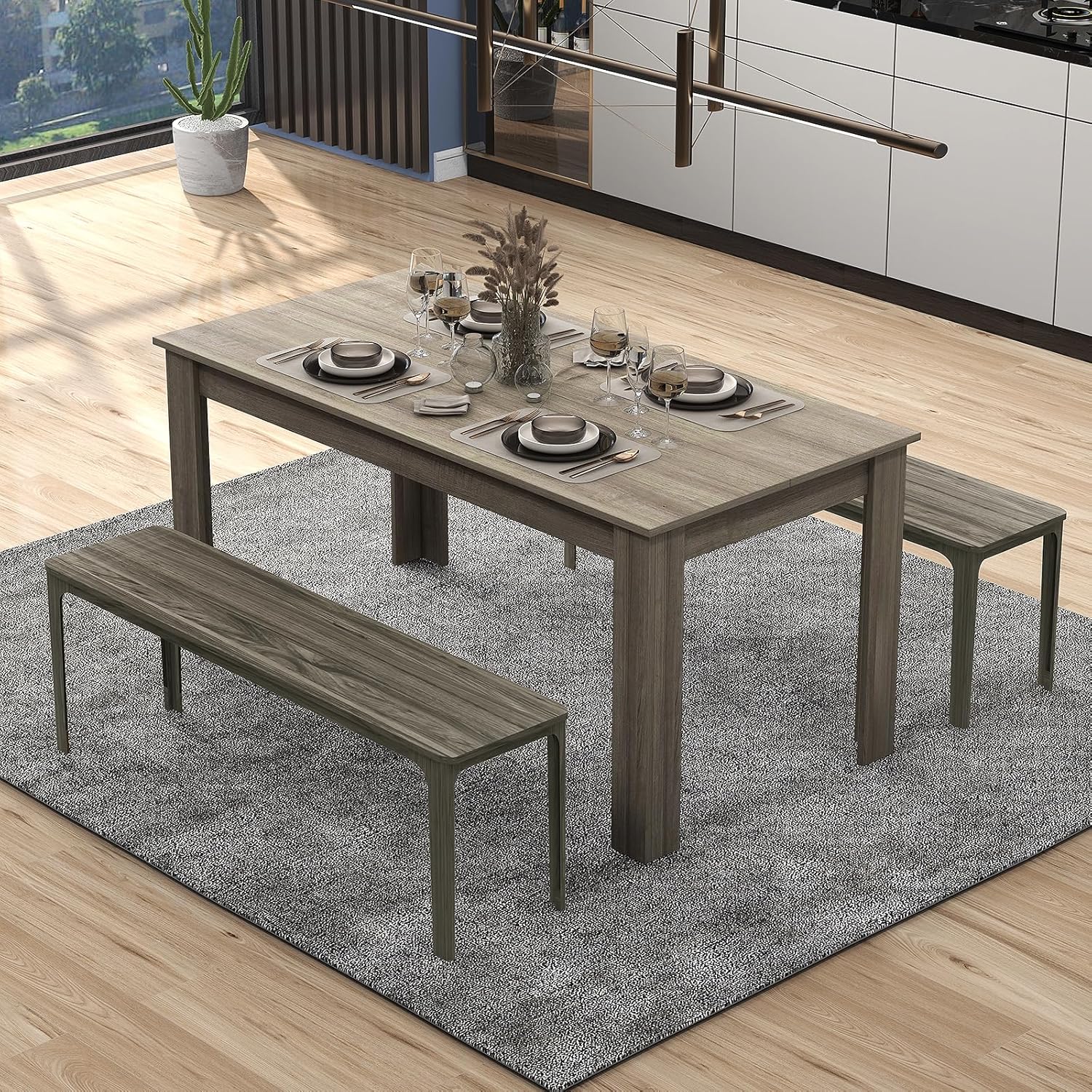 COSTWAY 63' Rectangular Dining Table, Farmhouse Dinette Table with Large Computer Workstation, Modern Kitchen Table for Apartment, Living Room, Restaurant (Oak)