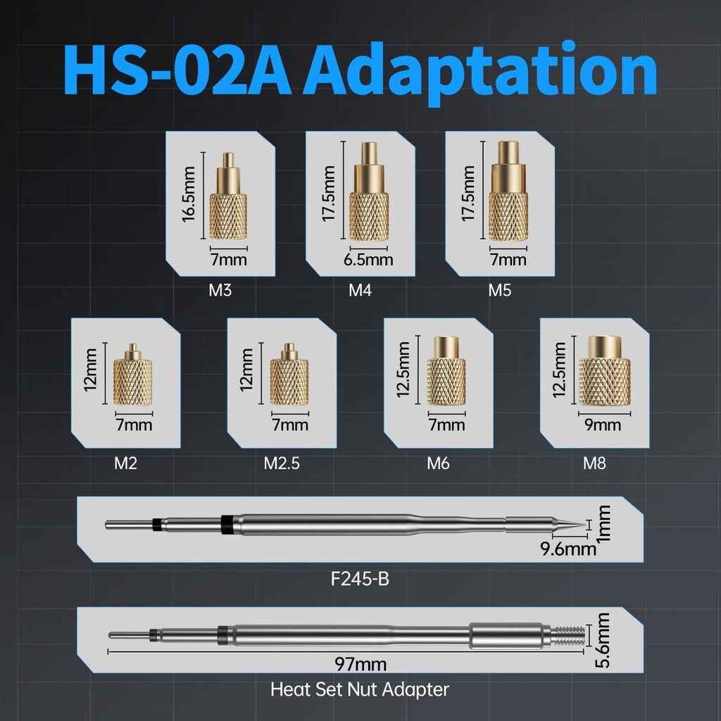 FNIRSI HS02 100W Corded Heat Set Insert Tool & Soldering Iron Kit for 3D Printer, Plastic, Portable Electronics Repair, 3S Fast Heating, 3 Preset Temps, with M2-M8 Threaded Brass Insert Nuts & Tips