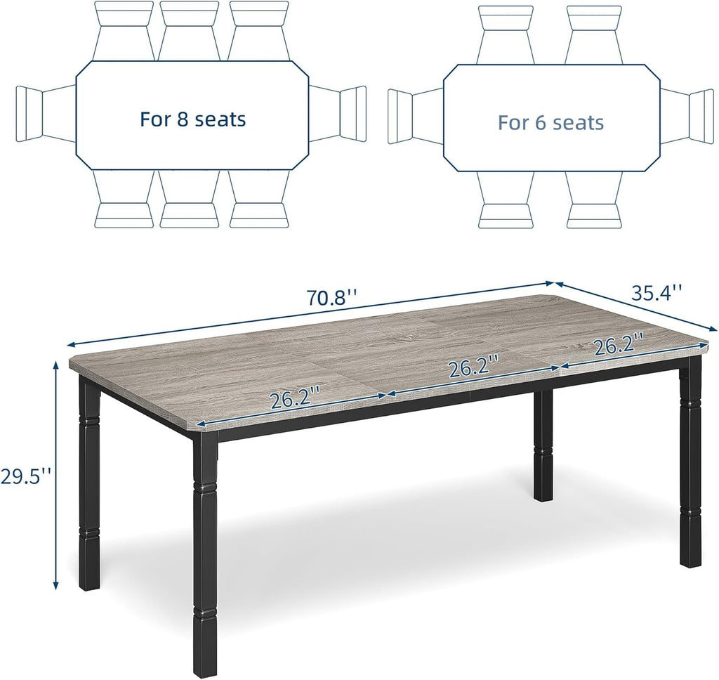 Garvee Large Dining Table for 6-8 People, 71" Wooden Kitchen Table with Sturdy Metal Frame, Dining Room Table for Dining Room, Kitchen, Black Leg & Grey
