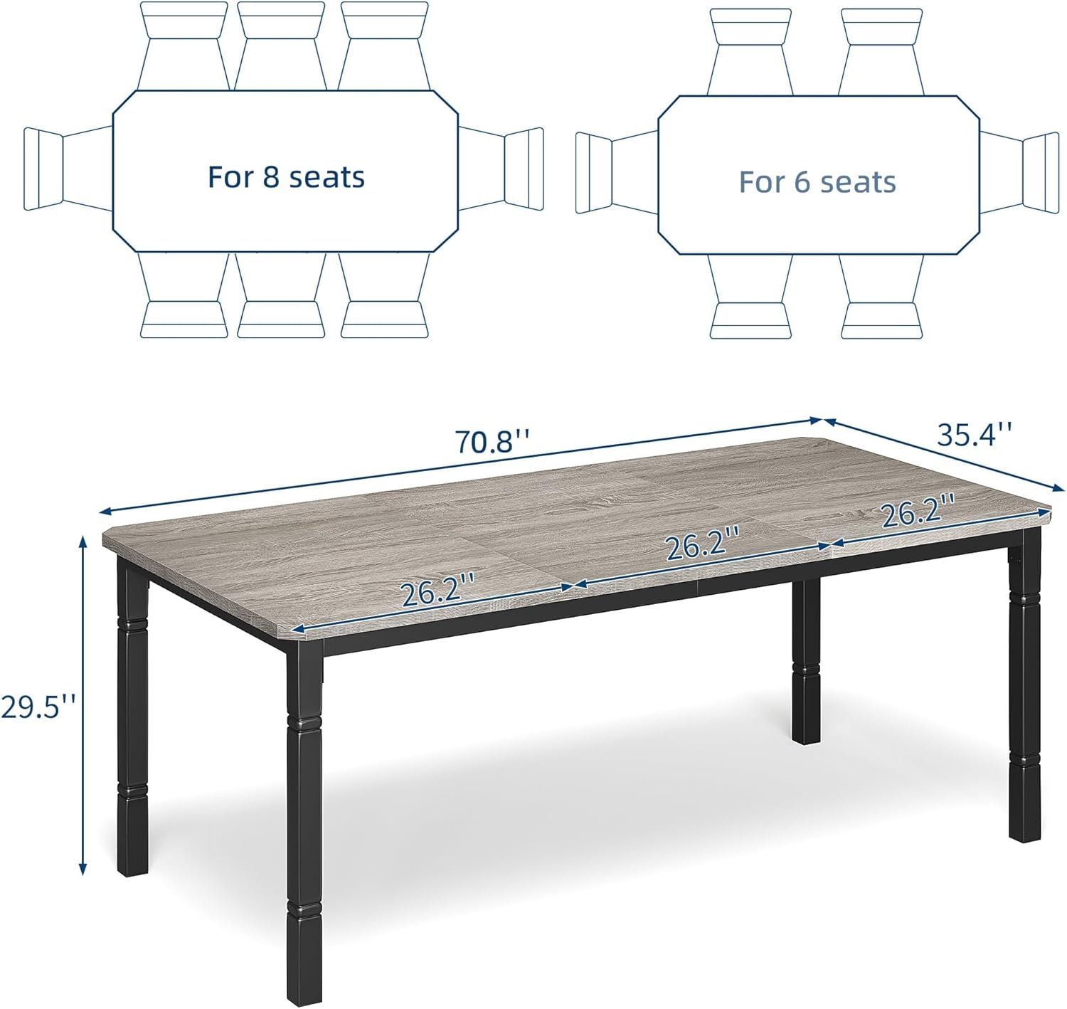 Garvee Large Dining Table for 6-8 People, 71" Wooden Kitchen Table with Sturdy Metal Frame, Dining Room Table for Dining Room, Kitchen, Black Leg & Grey
