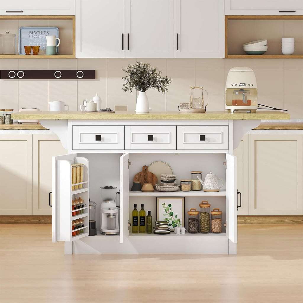 Bigbiglife 71.3" Large Kitchen Island with Drop Leaf, Power Outlet, Kitchen Island Cart w/ 3 Solid Drawers, Island Table with Trash Storage Cabinet & 3 Large Storage Rack, Spice Rack, White