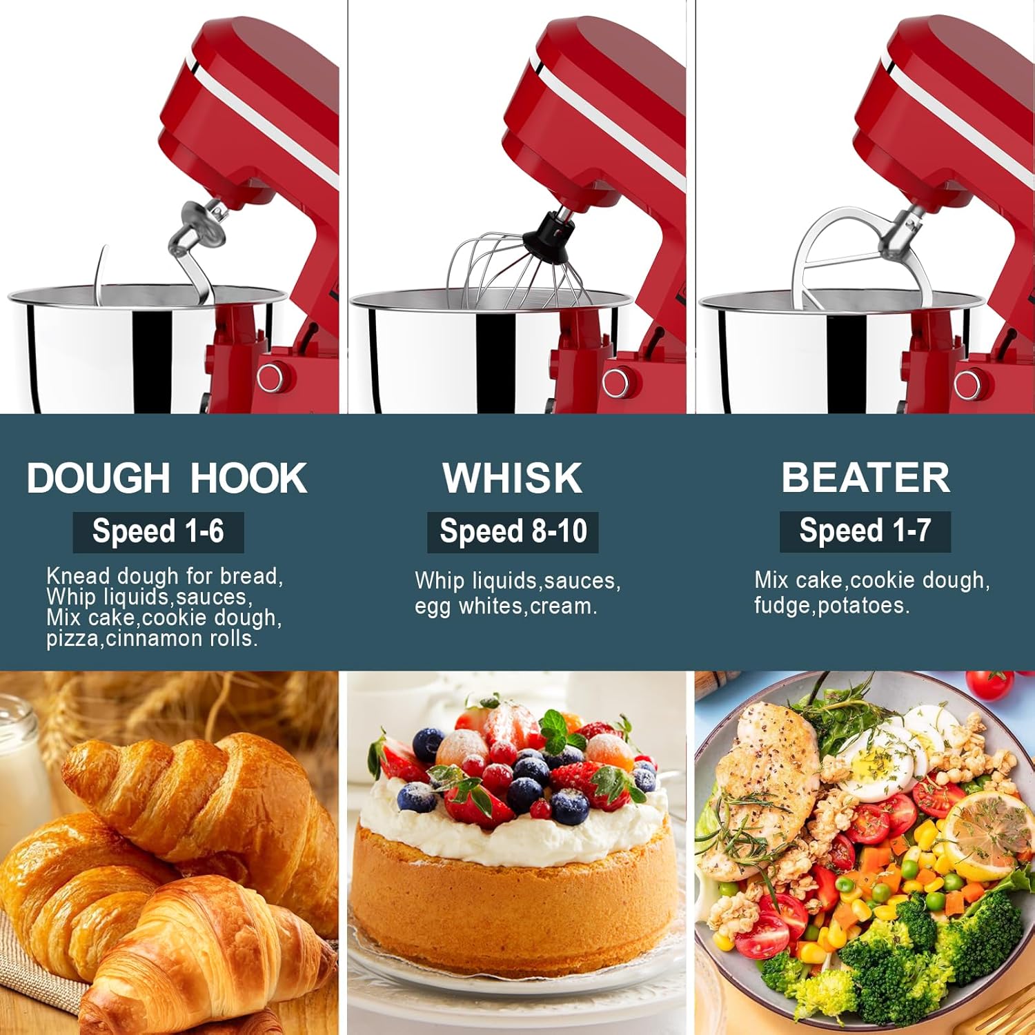 Household Stand Mixer with 6.5 Quart Bowl, Electric Food Mixer 10+p Speeds 660W, Tilt-Head Bread Dough and Cake Mixers with Dough Hook, Whisk, Beater, Splash Guard and Egg Separator (Red)